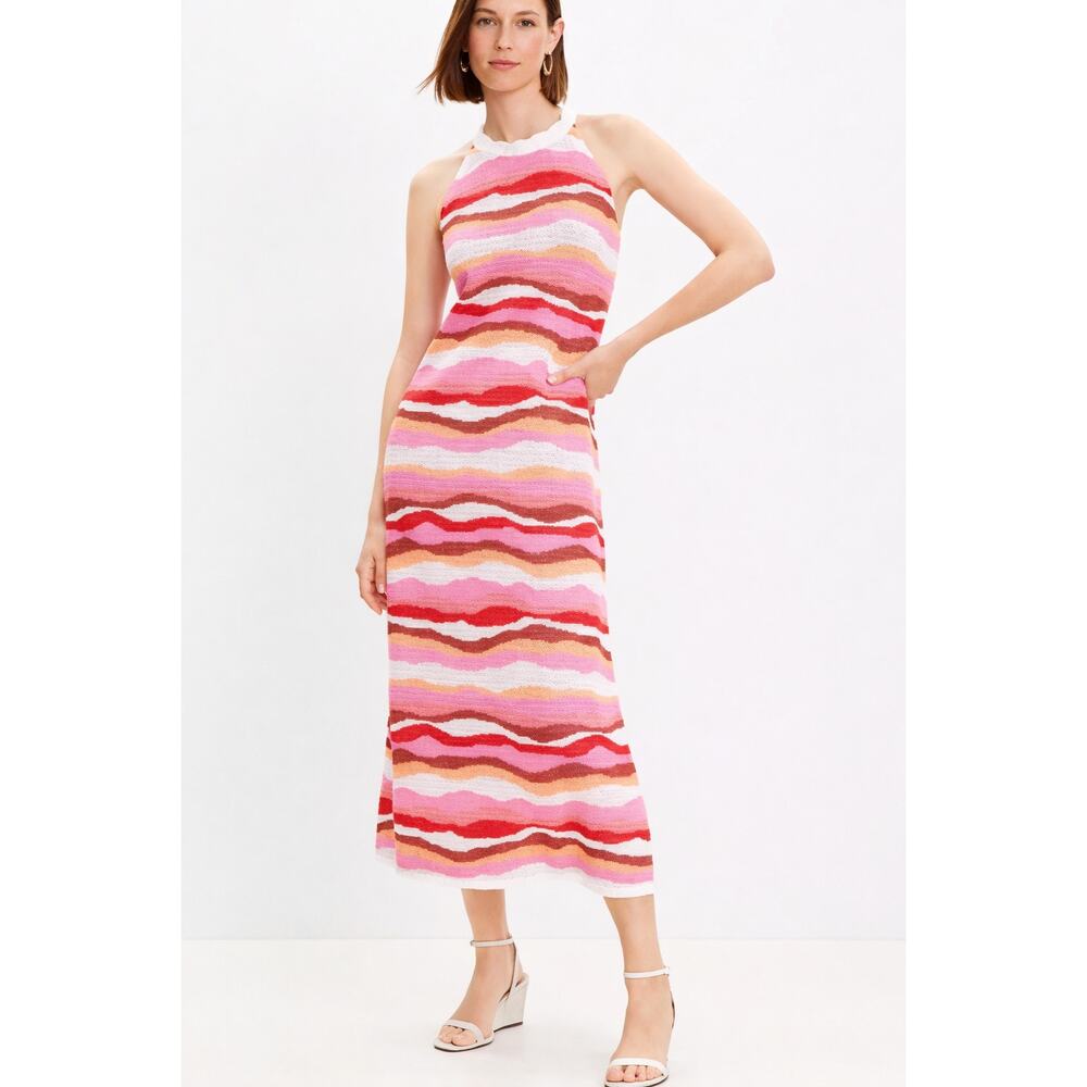 NEW LOFT Midi Dress Women XS Pink Stripes Halter Knit Boho Retro Y2K Resort Core